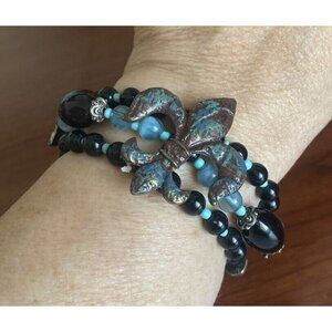 Bracelet Mardi Gras Stretch 3 Fleur De Les Intriguing Turquoise & Black Beaded